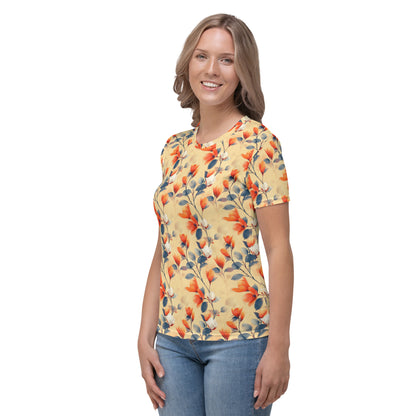 T-shirt Femme jaune fleurs orange et blanches