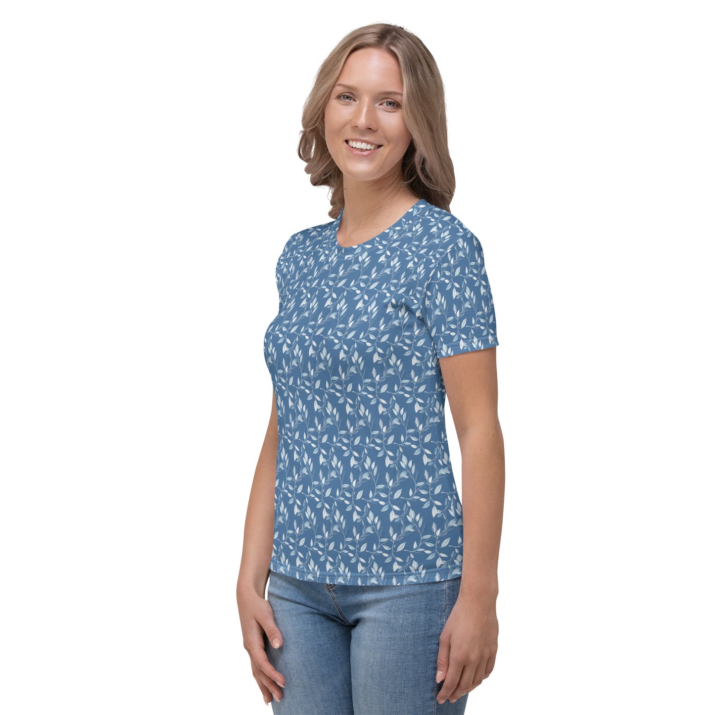 Tee shirt Femme silhouette blanche feuillage bleu