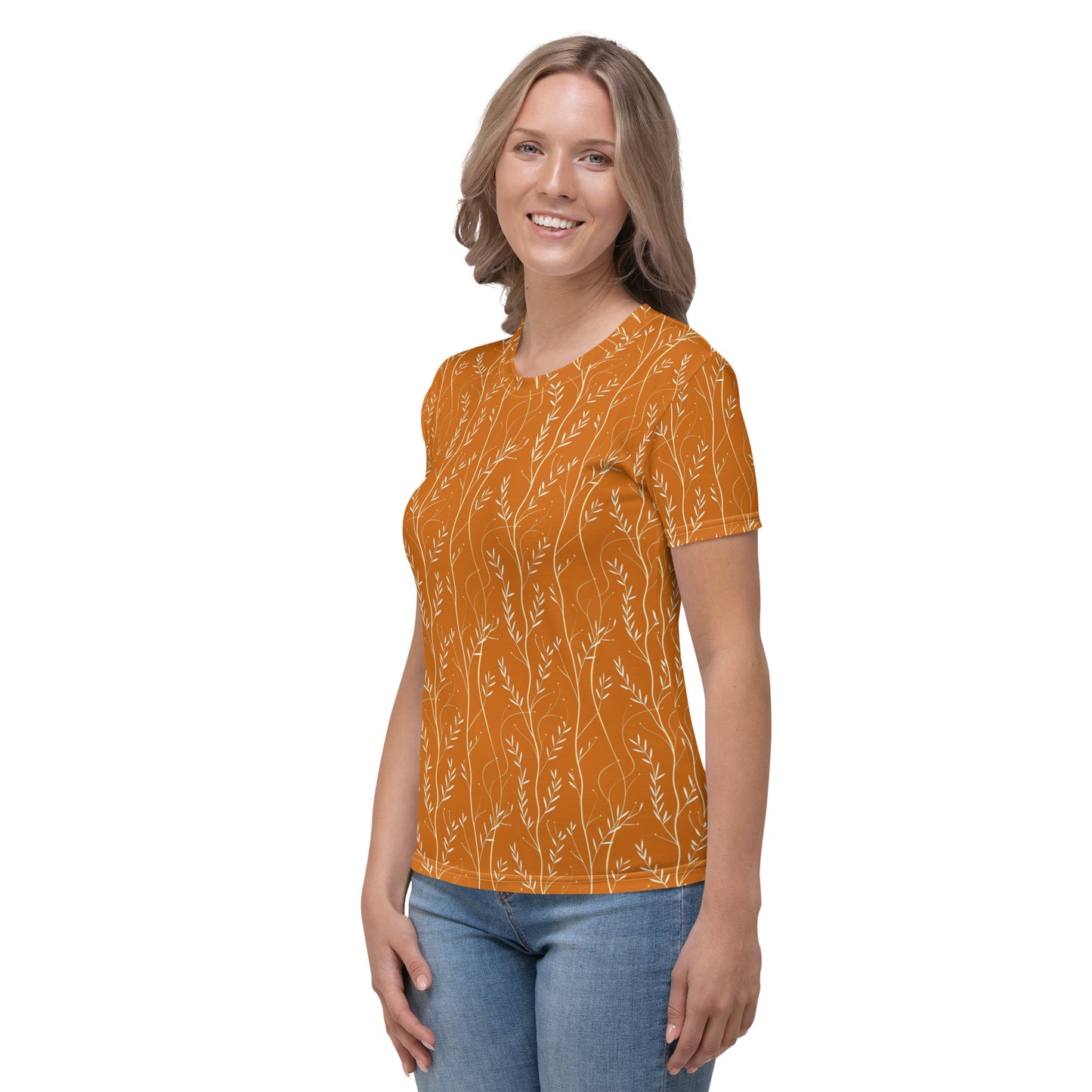 Tee shirt Femme silhouette blanche feuillage orange brûlé