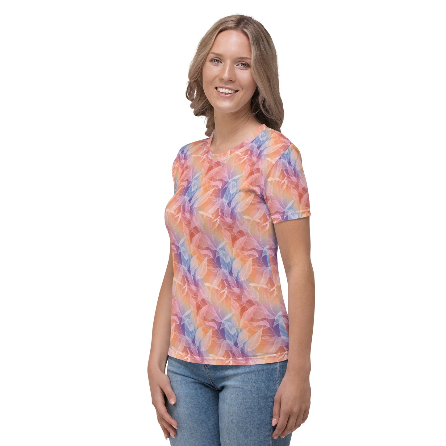 T-shirt Femme silhouette blanche feuilles arc-en-ciel