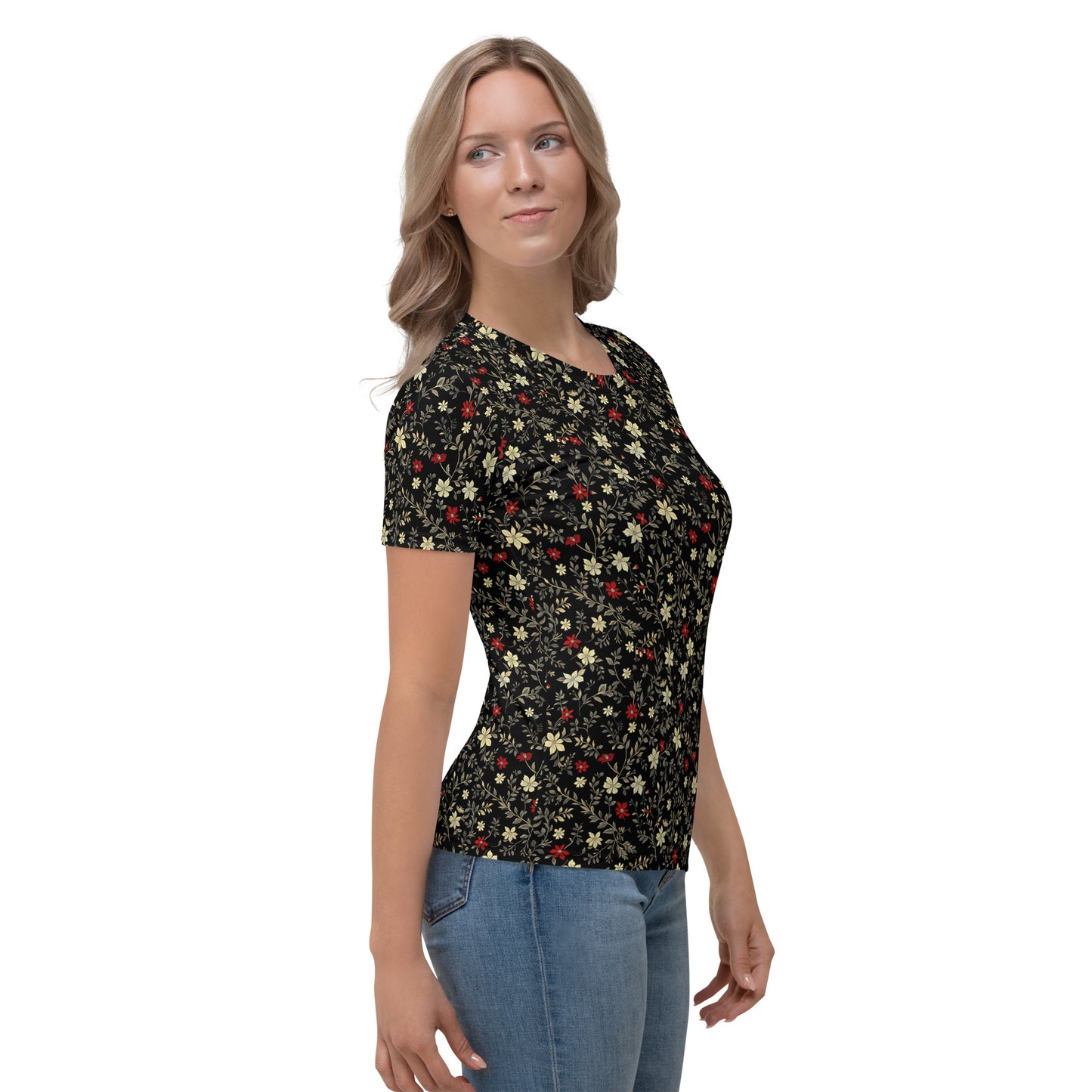 Red and white flowers on black Women's T-shirt