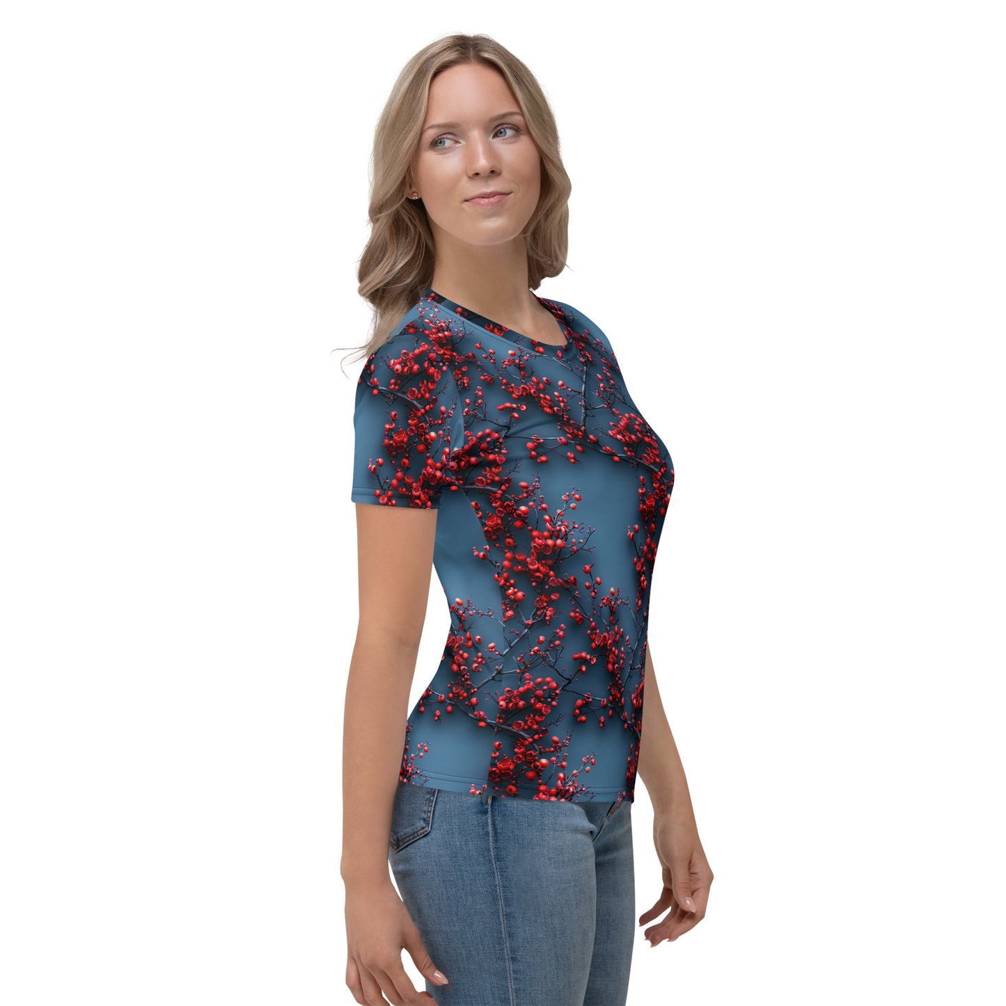 T-shirt Femme bleu baies et fleurs écarlates