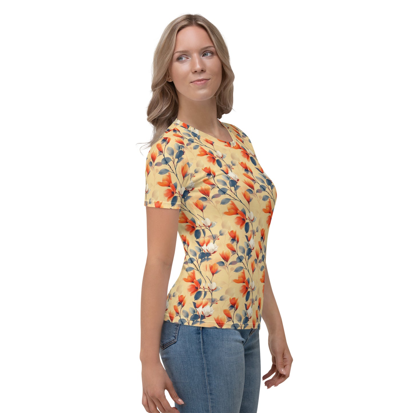 T-shirt Femme jaune fleurs orange et blanches