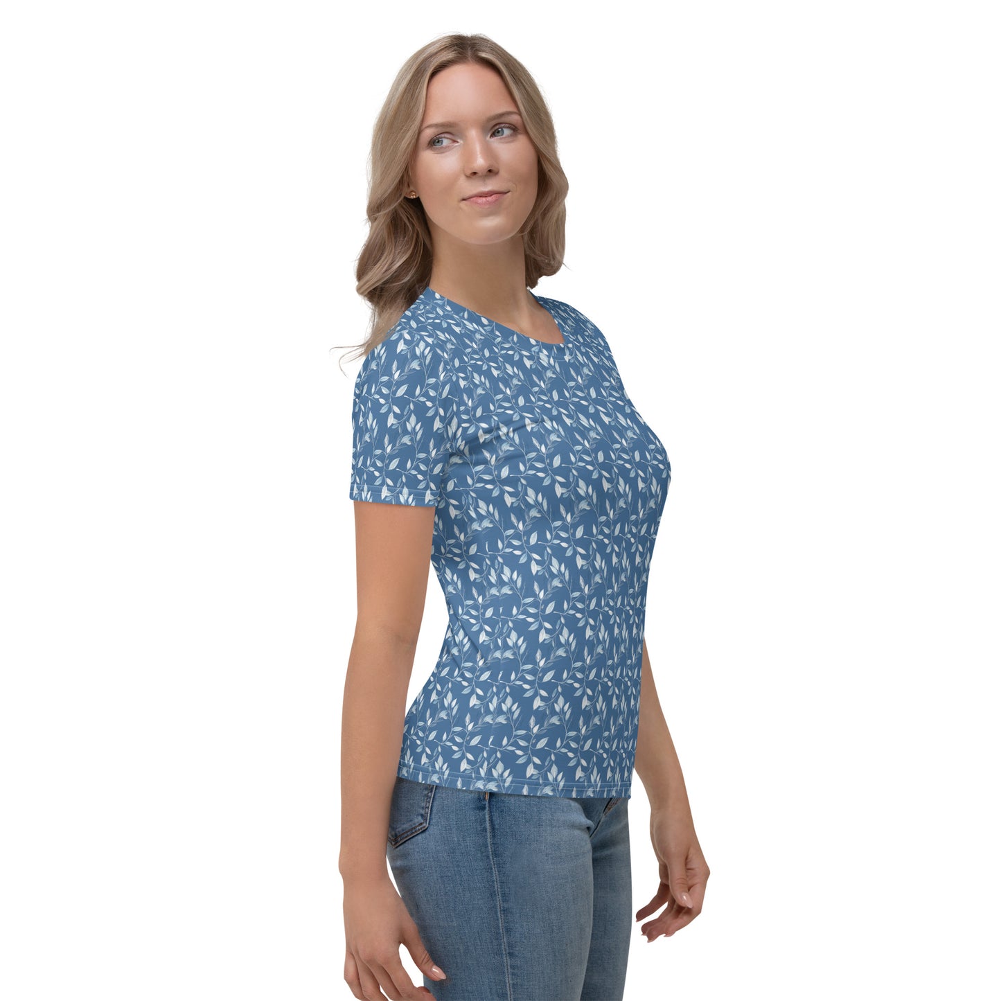 Tee shirt Femme silhouette blanche feuillage bleu