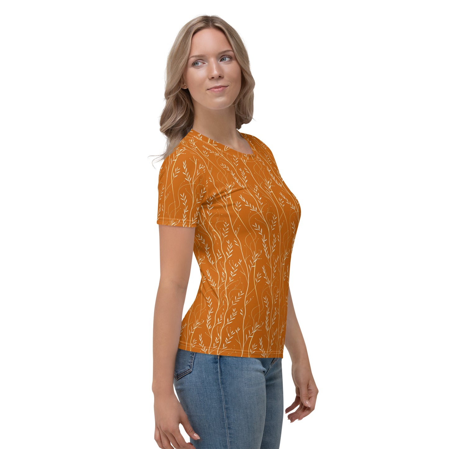 Tee shirt Femme silhouette blanche feuillage orange brûlé