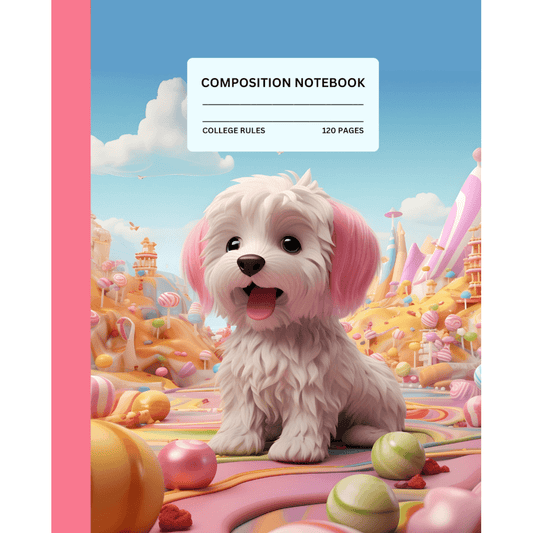 Composition Notebook: Cute dog in a world of candies | Pastel colors and pink | College ruled | 120 Pages lined | 7.5 x 9.25 inches - Maddrick