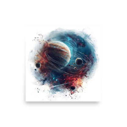 Watercolor space scene with gas giant planet, moons and stars - Poster