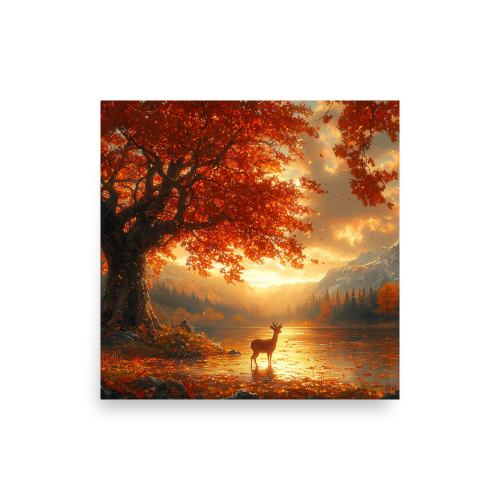 Autumn oak deer lake dawn Poster