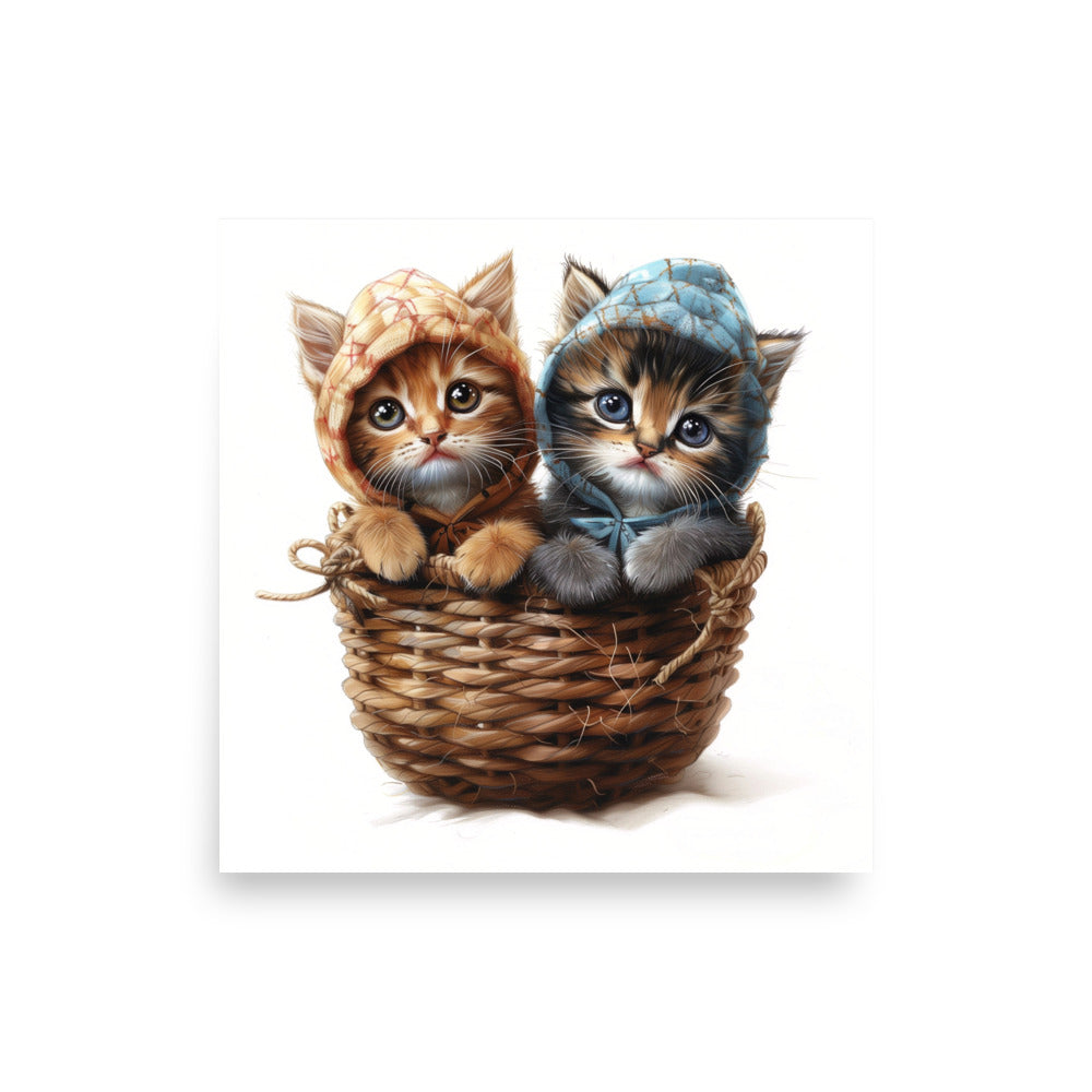 Deux chatons dans un panier en osier Affiche