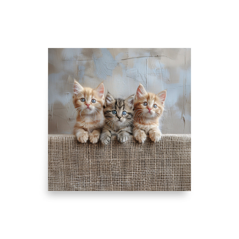 Trio de chatons sur une clôture en jute Affiche