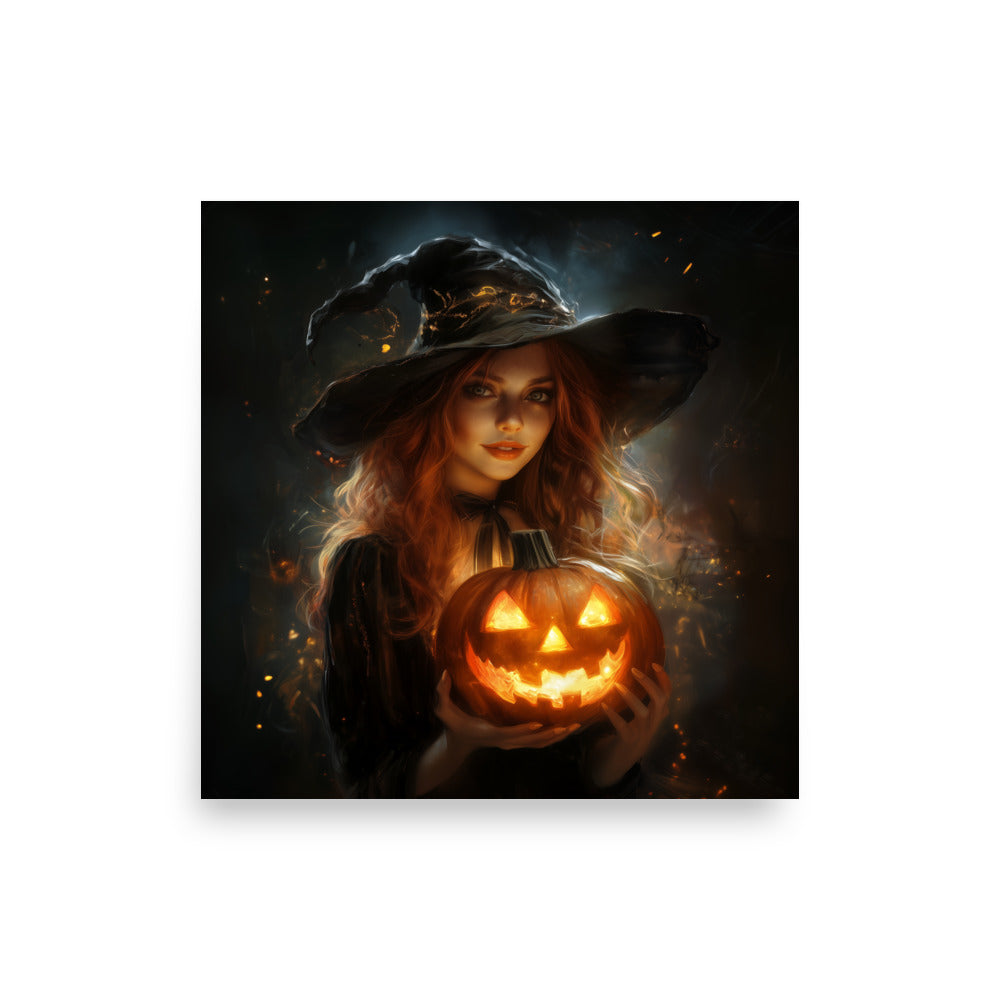 Beautiful Redhead Witch Holding Carved Pumpkin Poster