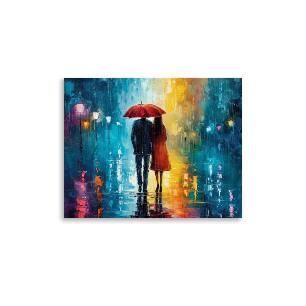 Couple of lovers under the rain at night sharing an umbrella - Poster