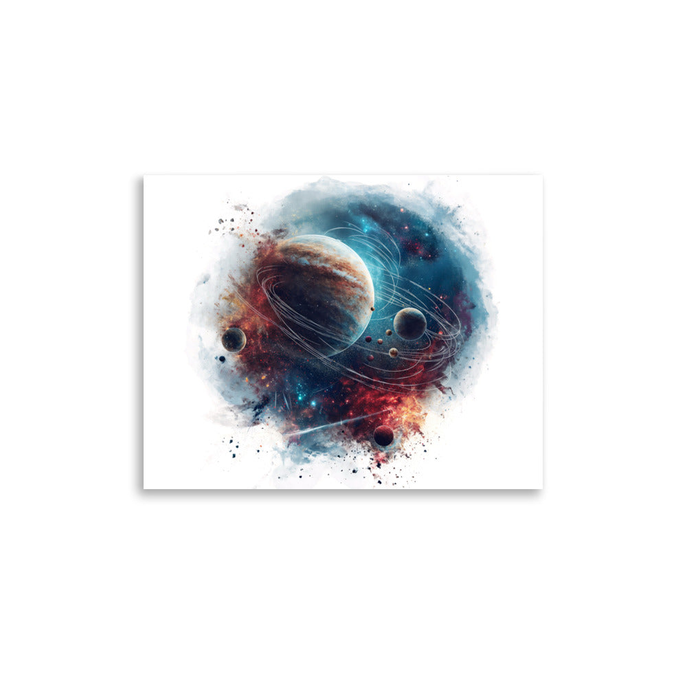 Watercolor space scene with gas giant planet, moons and stars - Poster