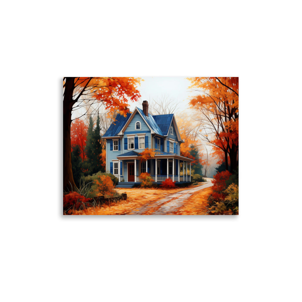 Blue cottage house in autumn Poster