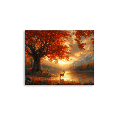 Autumn oak deer lake dawn Poster