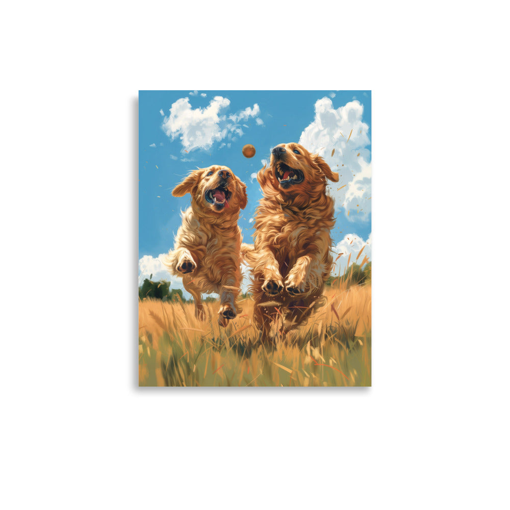 Two golden retriever dogs playing in a field Poster