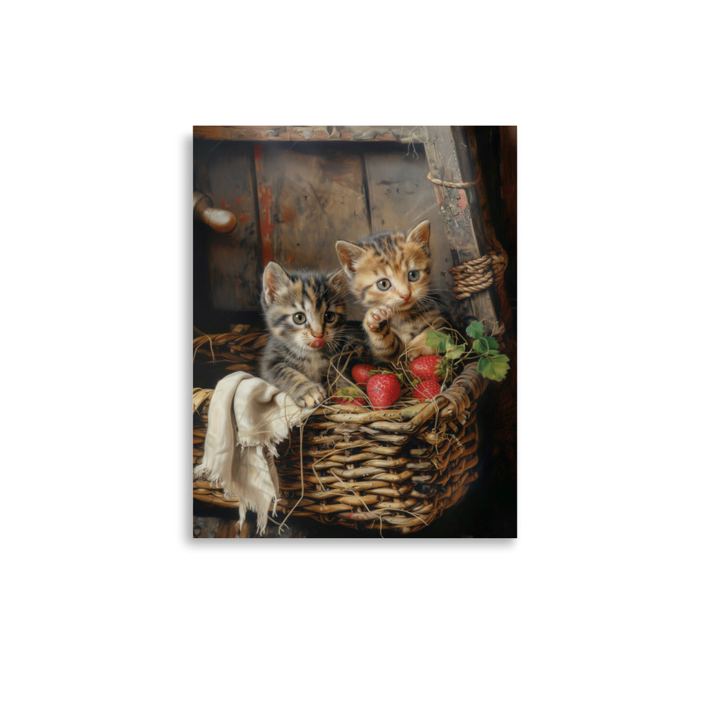 Kittens in wicker basket and strawberries Poster