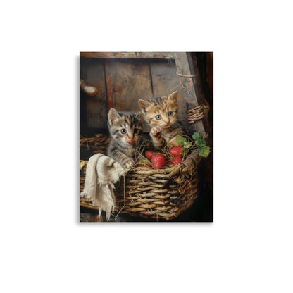 Chatons dans un panier en osier et des fraises Affiche