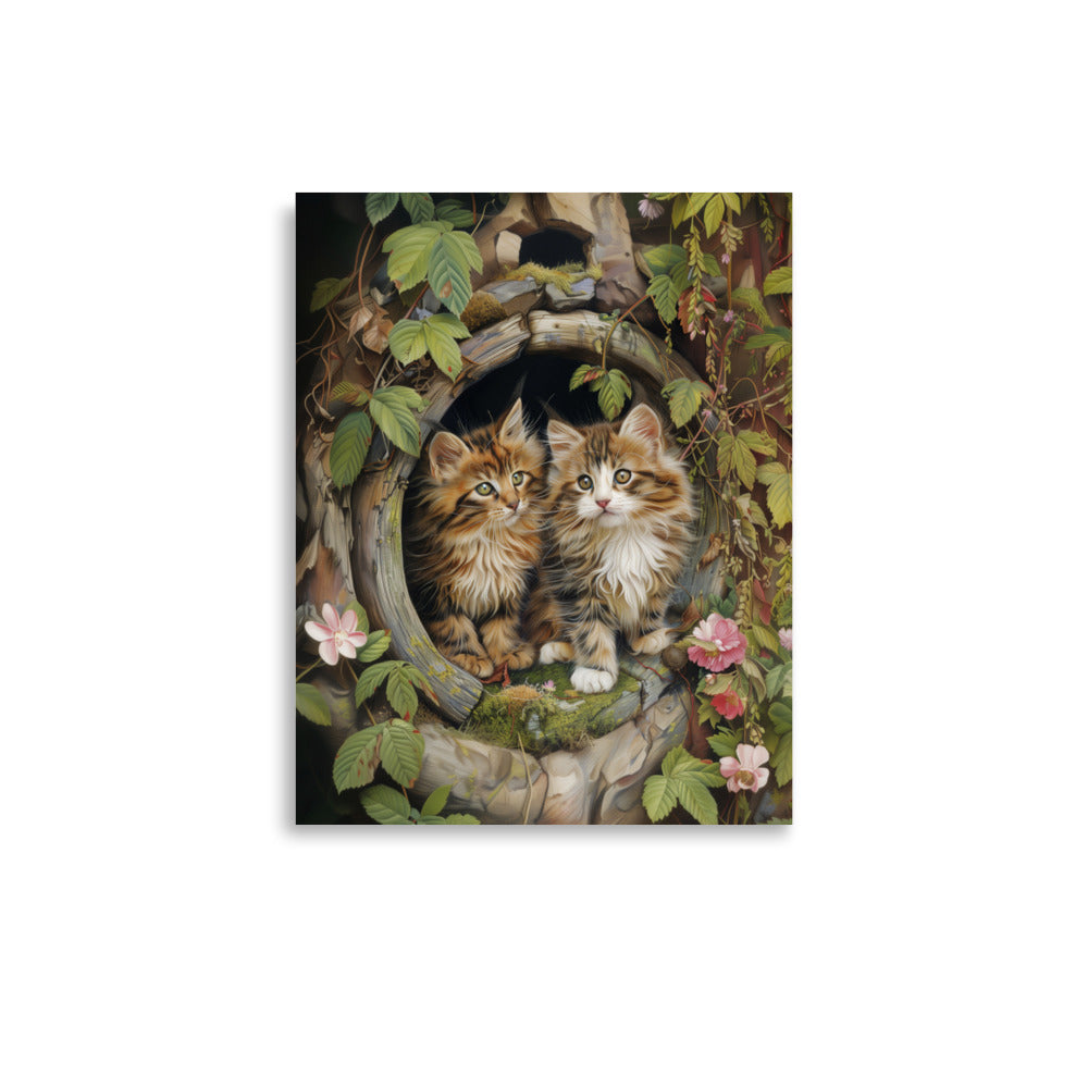 Two tabby kittens in a wooden pipe Poster