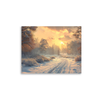 Snowy road at dawn Poster