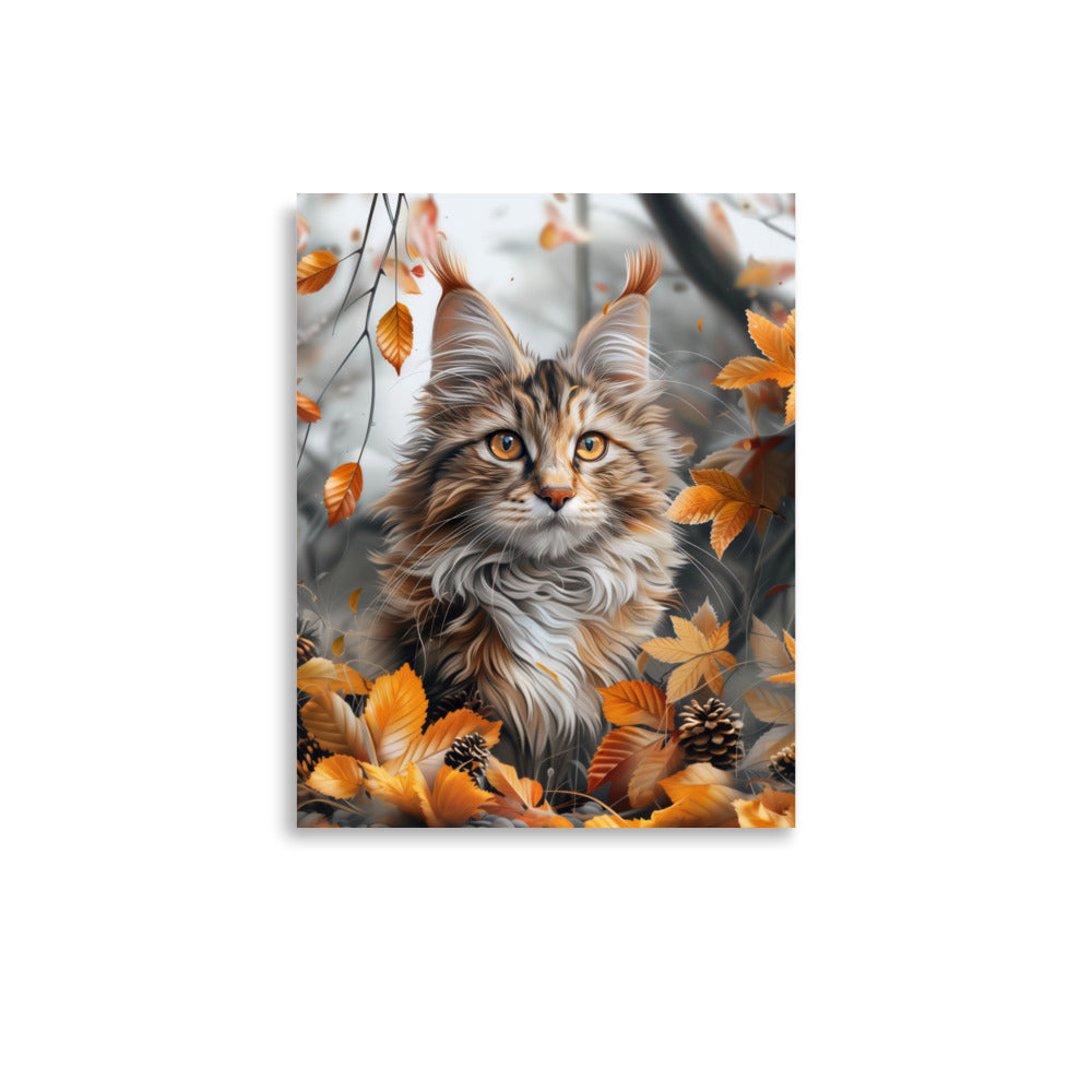 Main coon cat portrait in autumn leaves Poster