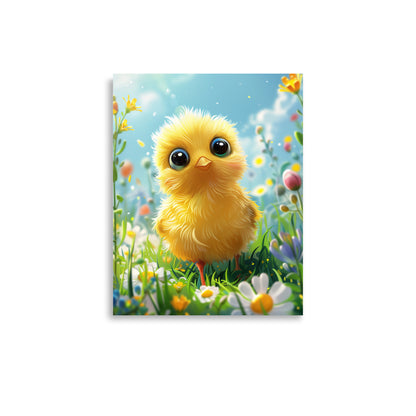 Cartoon yellow chick in summer field Poster