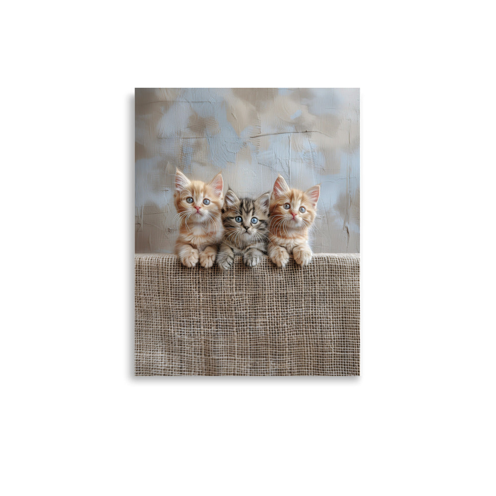 Trio de chatons sur une clôture en jute Affiche