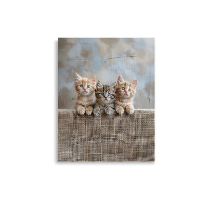 Trio de chatons sur une clôture en jute Affiche