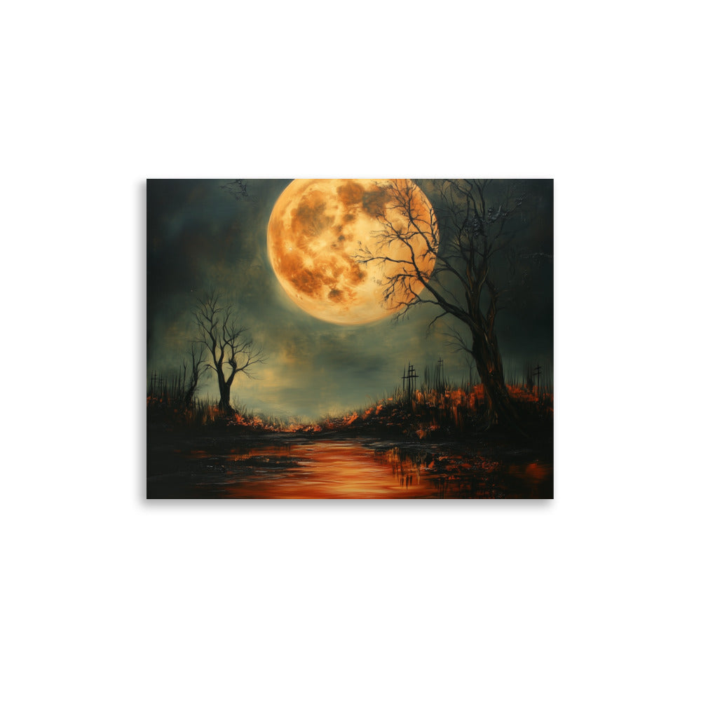 Haunted Full Moon – Spooky Landscape with Reflections Poster