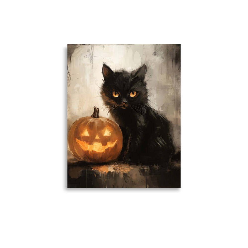 Black Cat and Pumpkin Halloween Portrait Poster