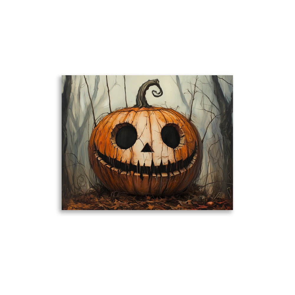 Creepy Smiling Pumpkin in Dark Forest Poster