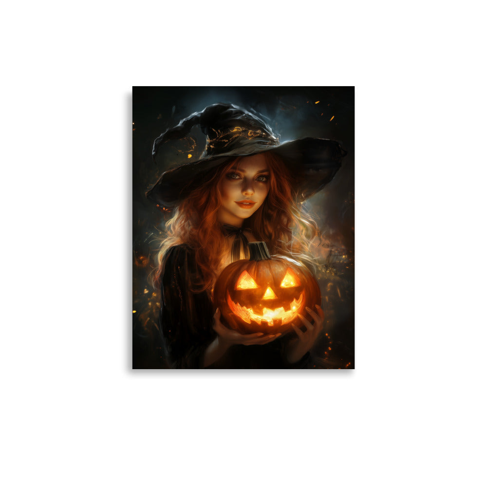 Beautiful Redhead Witch Holding Carved Pumpkin Poster