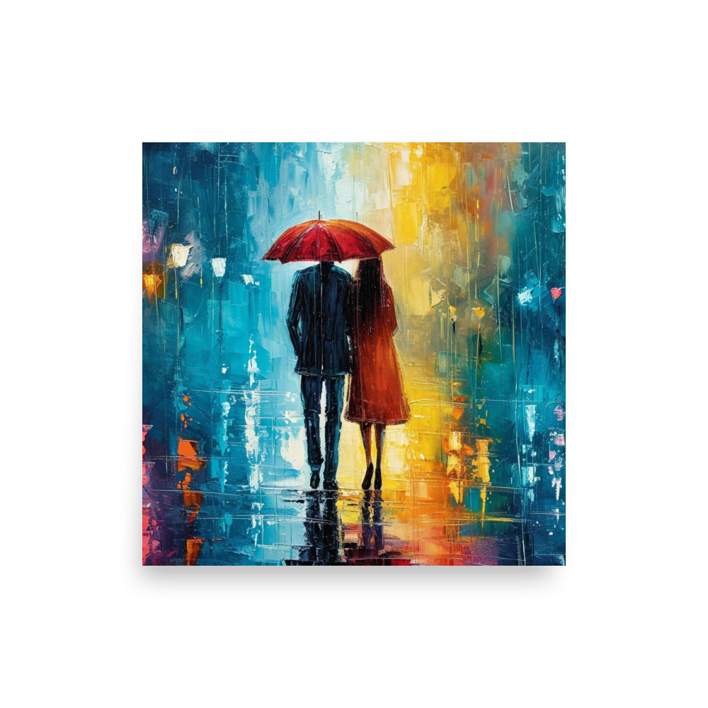 Couple of lovers under the rain at night sharing an umbrella - Poster