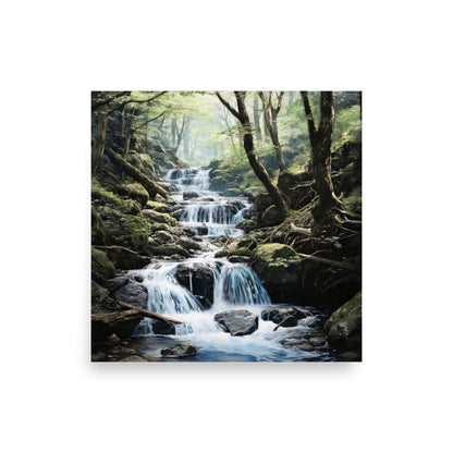 Lush forest and water stream Poster