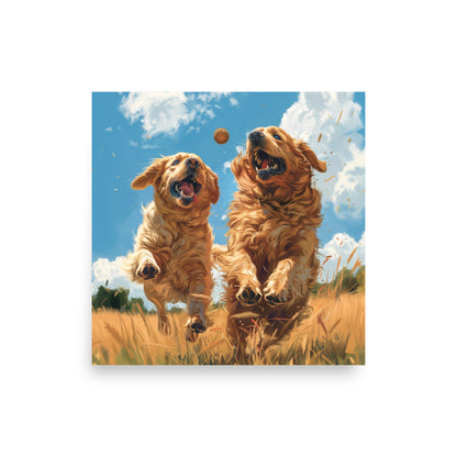 Two golden retriever dogs playing in a field Poster