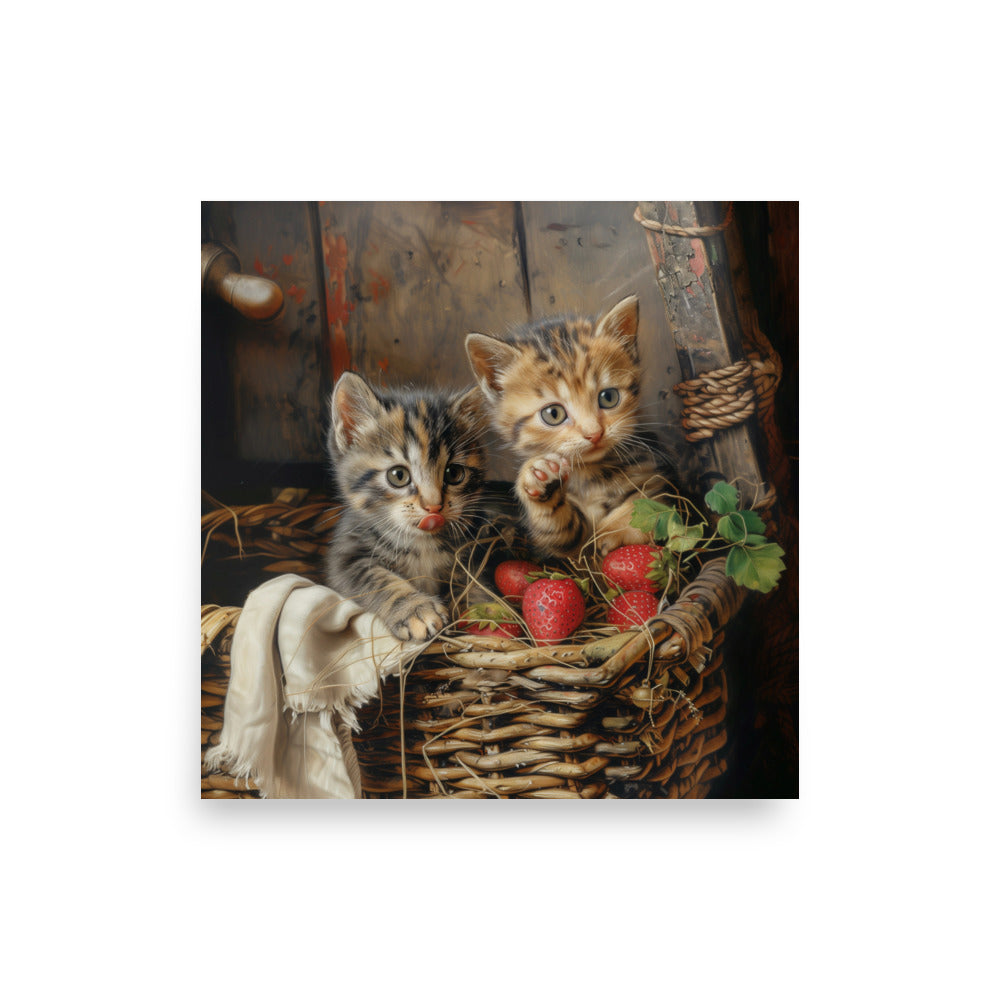 Kittens in wicker basket and strawberries Poster