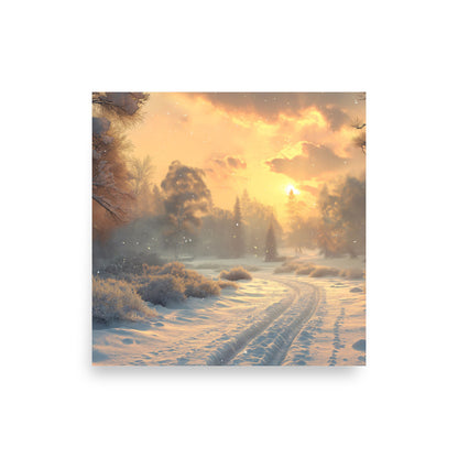 Snowy road at dawn Poster