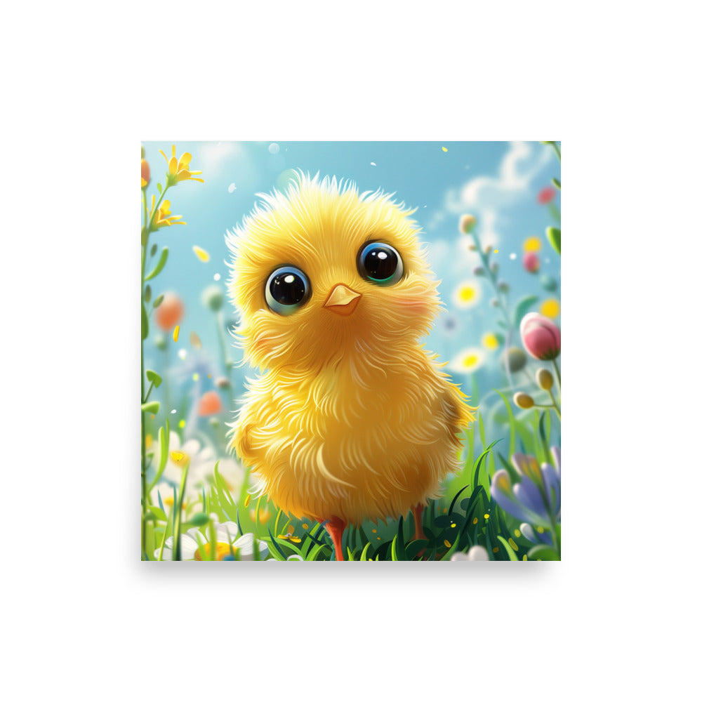 Cartoon yellow chick in summer field Poster