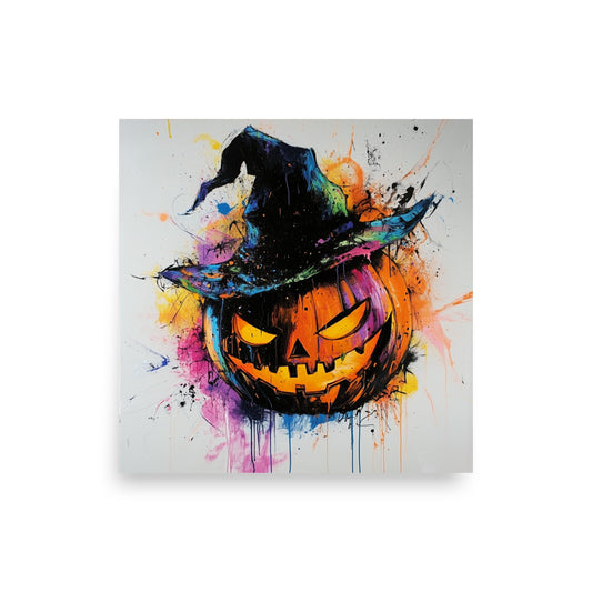 Affiche vibrante de citrouille avec chapeau de sorcière coloré et lanterne Jack-O'-Lantern pour Halloween