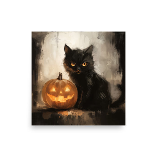 Affiche de portrait d'Halloween avec chat noir et citrouille