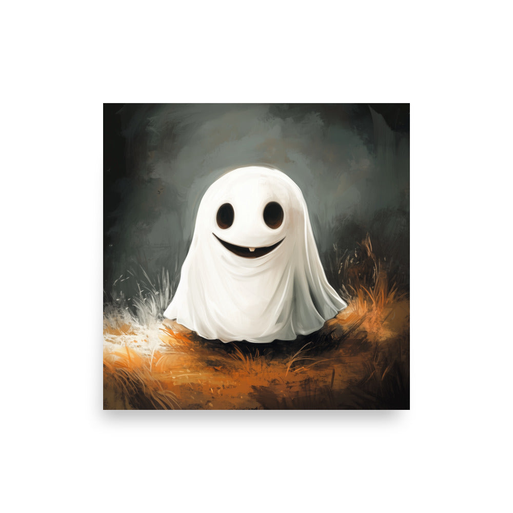 Cute Smiling Ghost in Yellow Grass Poster