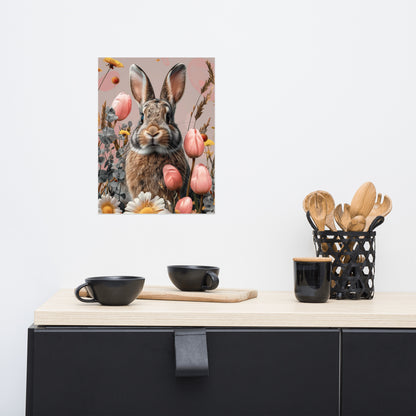 Brown bunny rabbit in tulips Poster