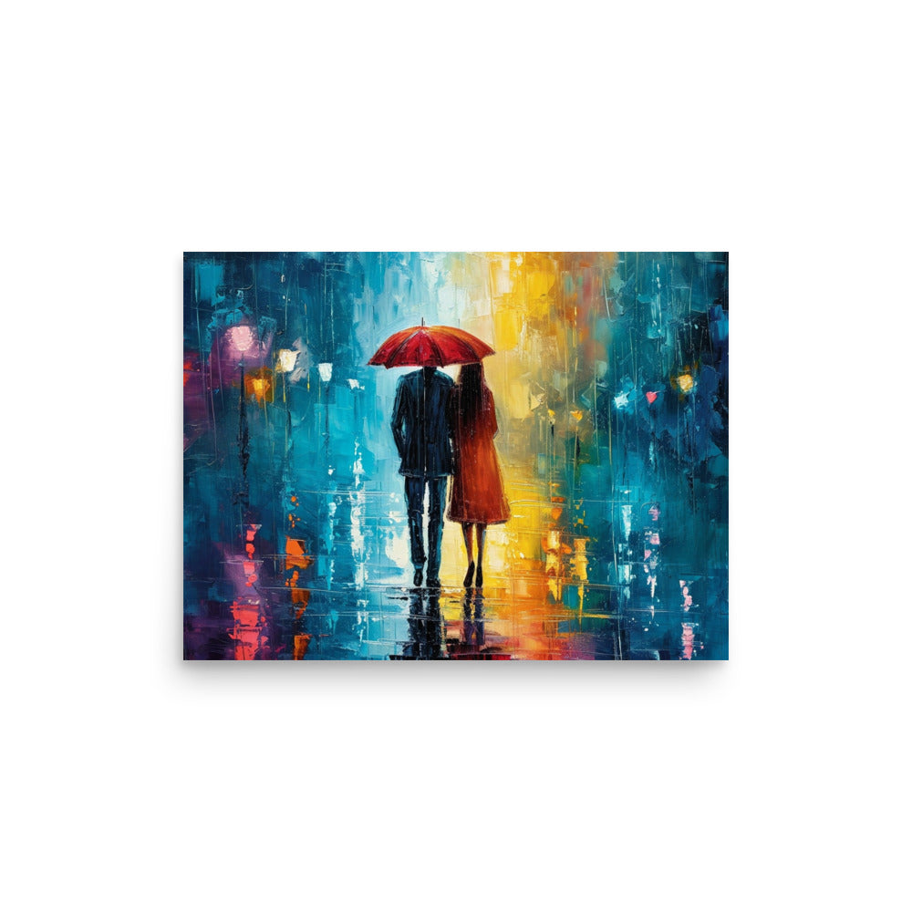 Couple of lovers under the rain at night sharing an umbrella - Poster