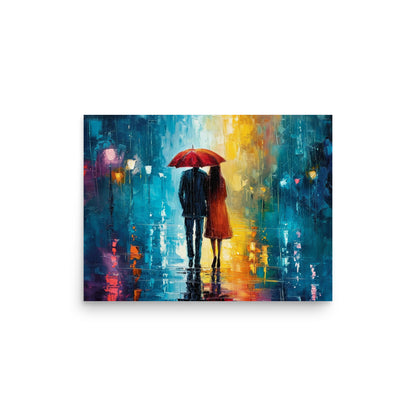 Couple of lovers under the rain at night sharing an umbrella - Poster