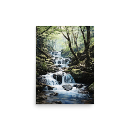 Forêt luxuriante et ruisseau d'eau Affiche