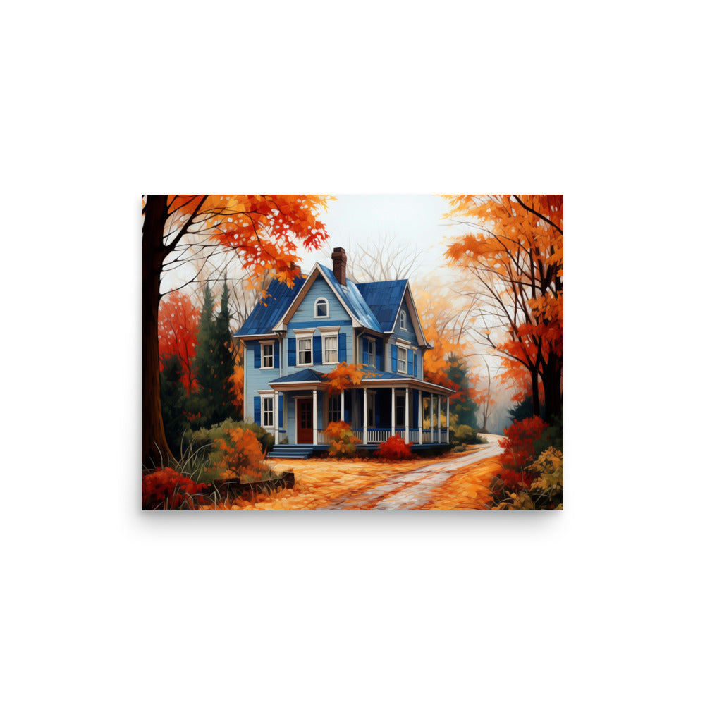 Maison de campagne bleue en automne Affiche