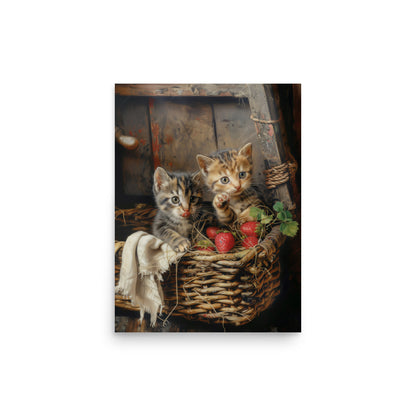 Kittens in wicker basket and strawberries Poster