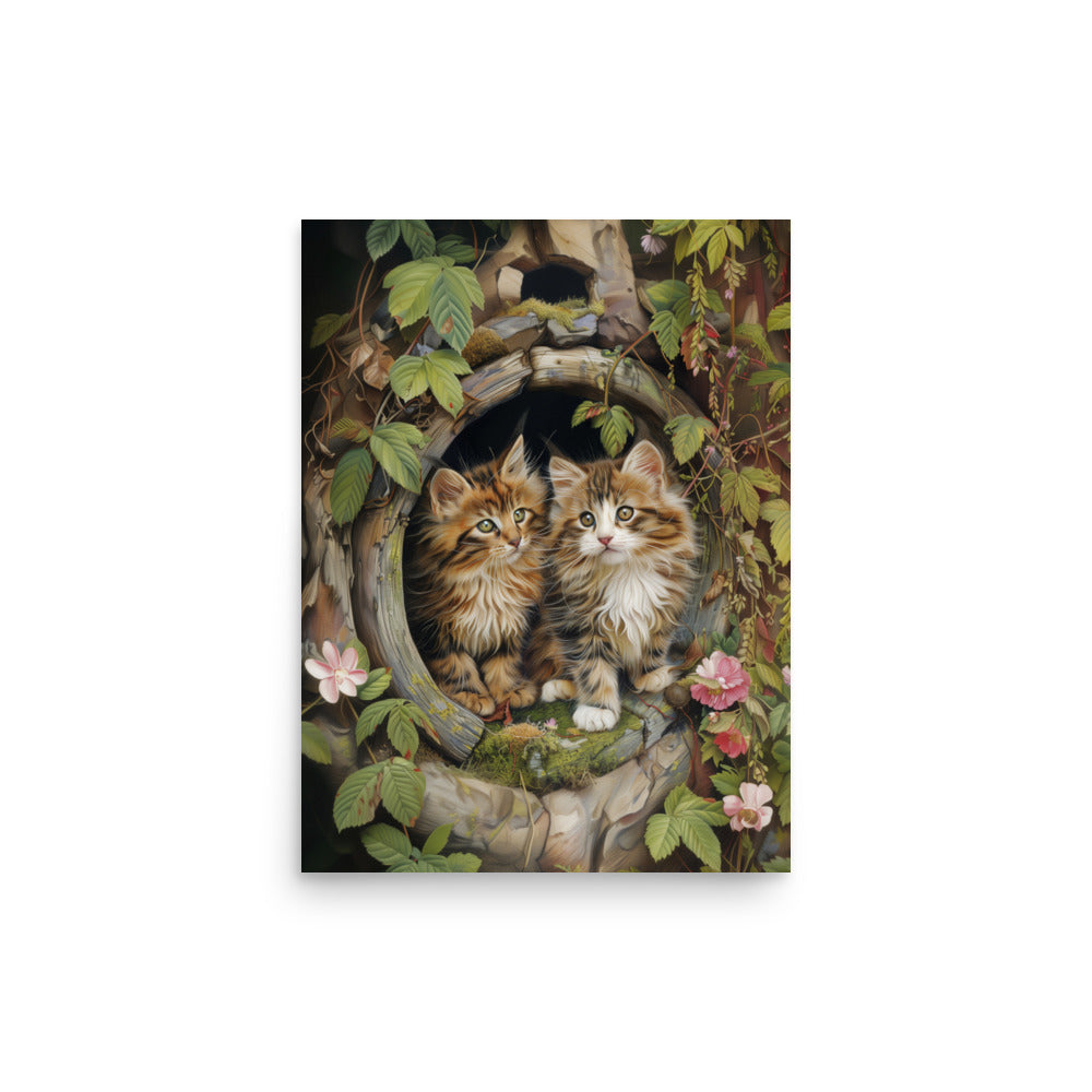 Two tabby kittens in a wooden pipe Poster