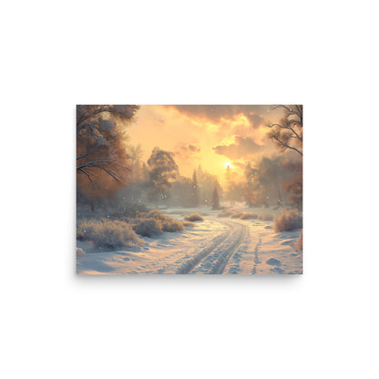 Snowy road at dawn Poster