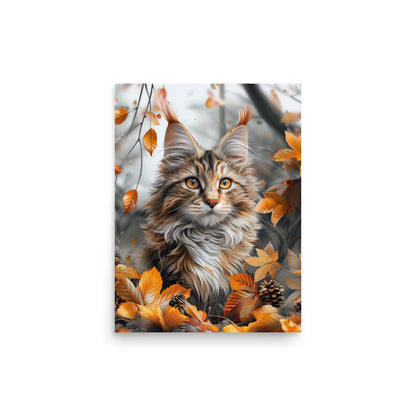 Portrait de chat Maine coon dans les feuilles d'automne Affiche